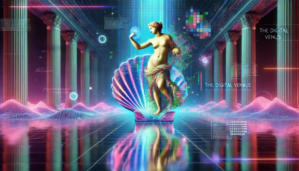 Venus, the eternal goddess of love and beauty, is reborn in this digital masterpiece. Draped in cosmic light and surrounded by radiant stars, she embodies elegance and timeless allure. This reimagining blends classical artistry with a futuristic touch, creating a vision that transcends time.