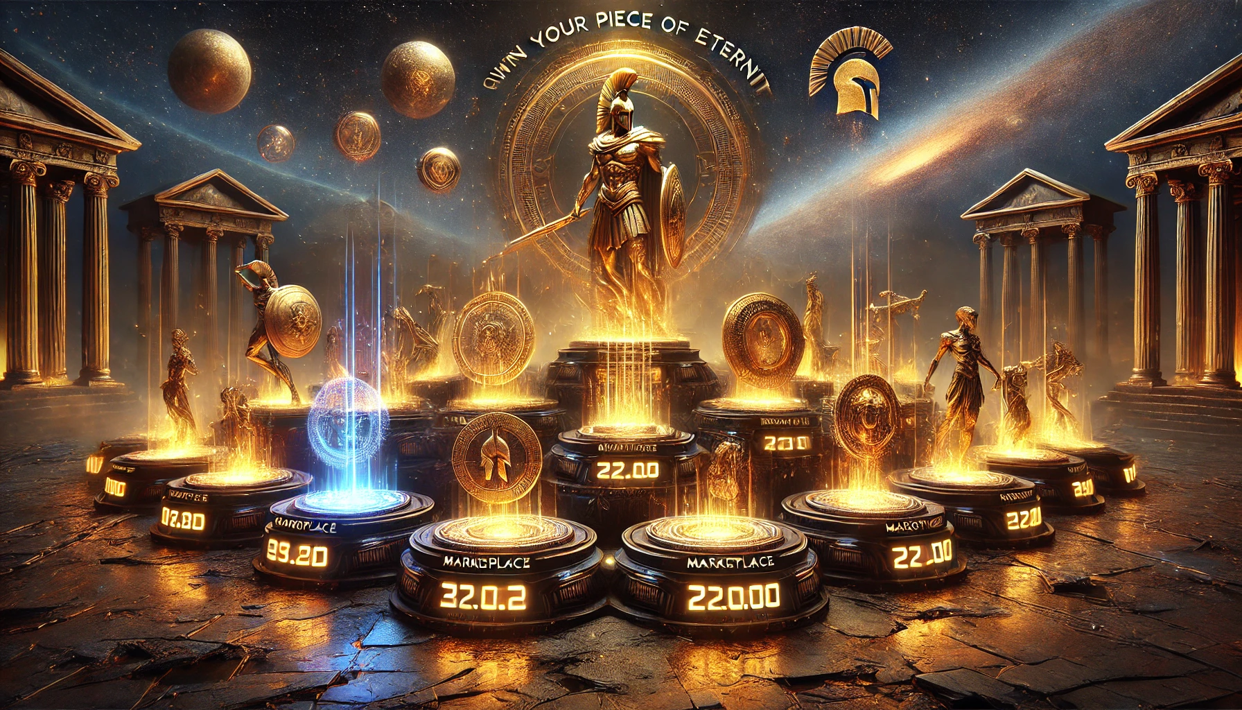 This image displays the ForgeNFT.com marketplace, featuring glowing pedestals of 1-of-1 NFT masterpieces surrounded by golden light and auction timers