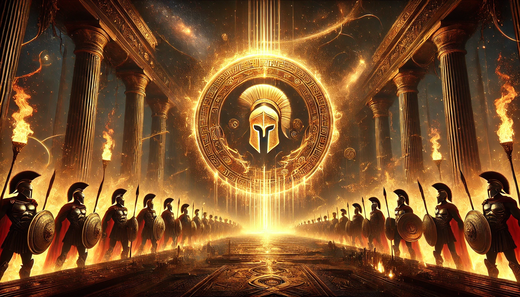 A majestic auction hall with glowing Spartan artifacts, a golden podium, and fiery torches lighting the scene.