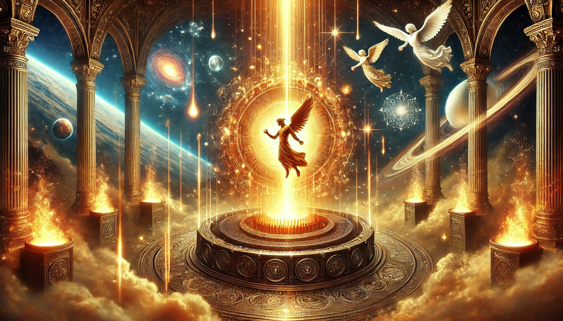 A combination of the angelic creator and the Spartan blacksmith, standing together at the forge amidst glowing embers and sparks