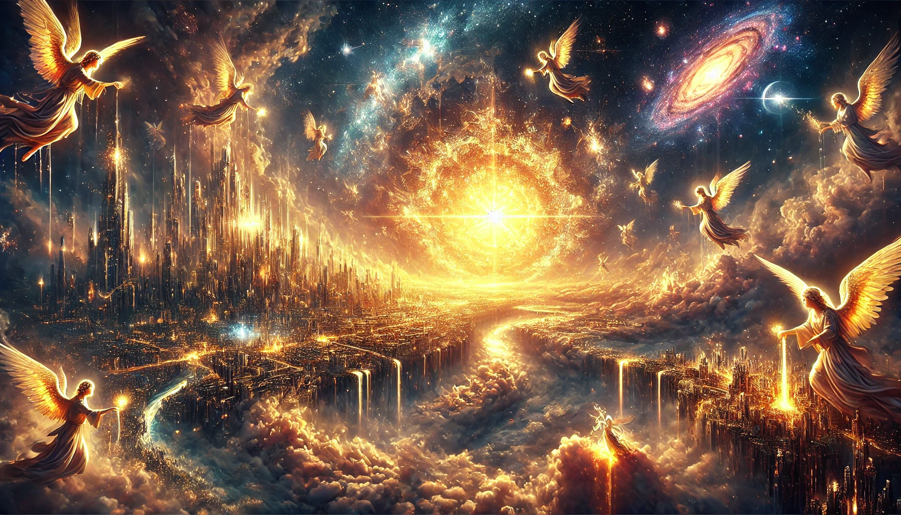 A majestic celestial city glowing with divine light, surrounded by angelic figures and molten gold rivers flowing through streets of light.