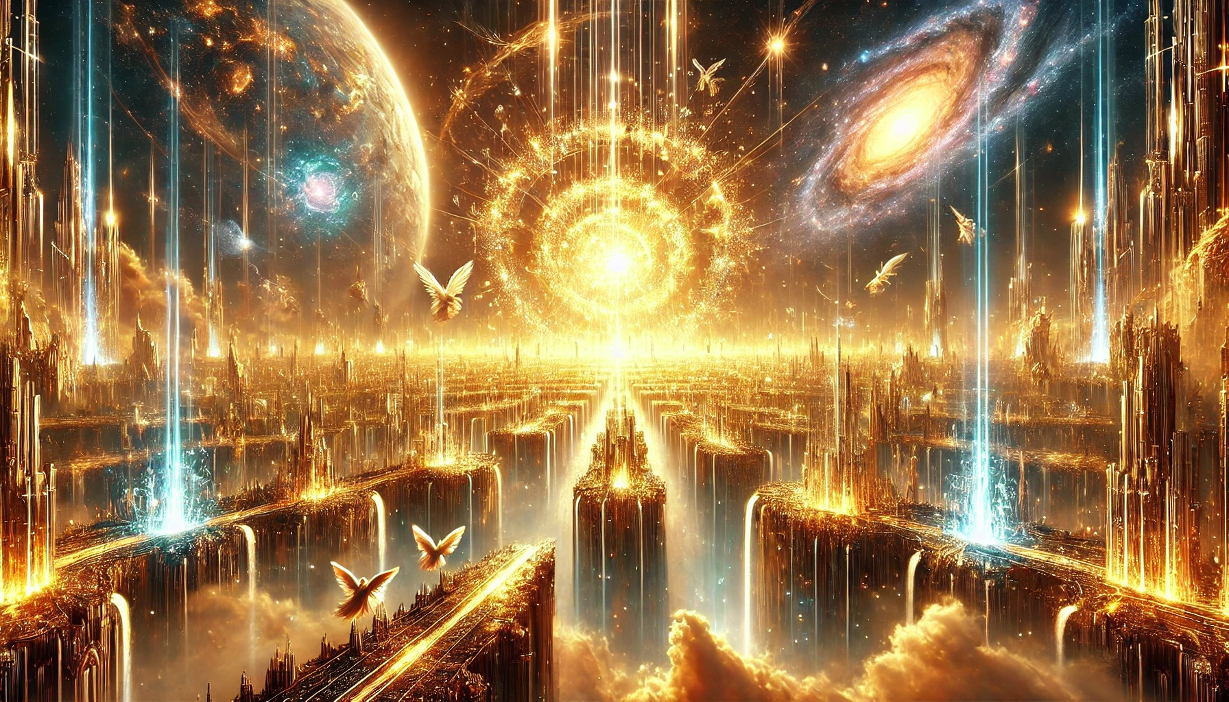 A close-up of molten gold and silver rivers flowing through the celestial city, with angelic figures shaping the molten streams into divine creations.