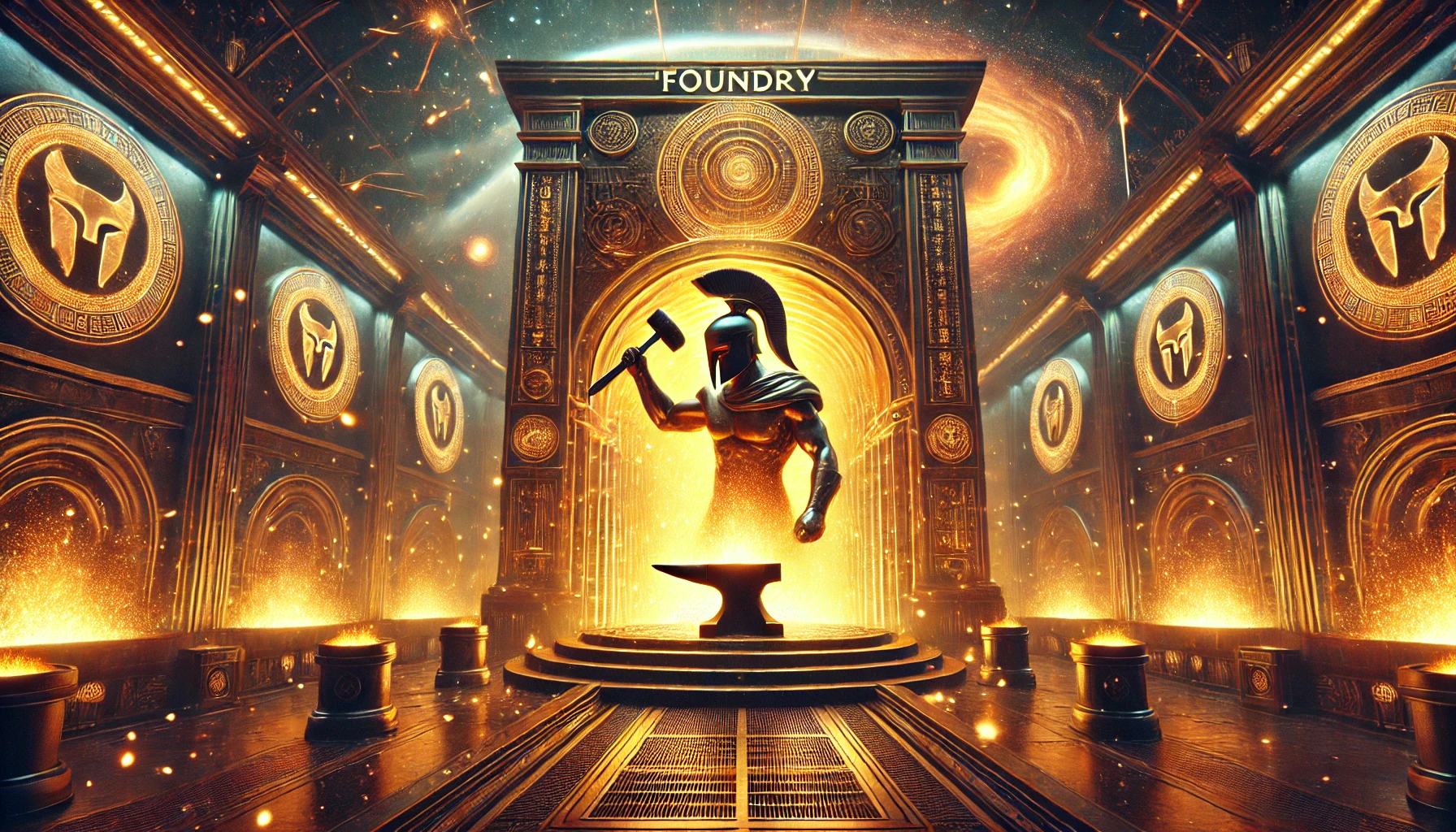 A powerful Spartan blacksmith hammering a masterpiece into existence, surrounded by glowing embers and molten gold